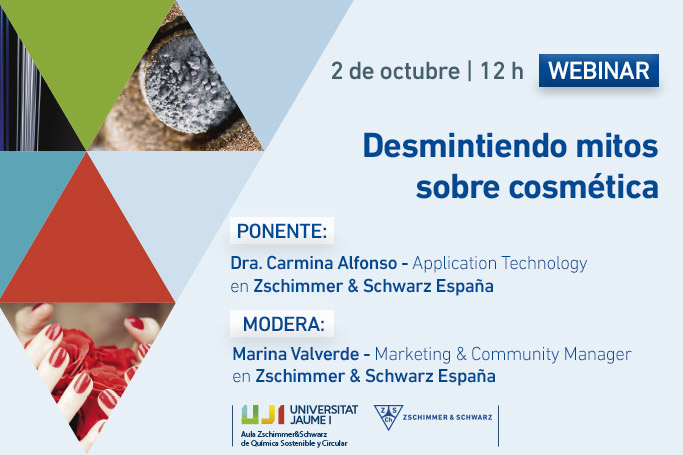 Diseño de promoción del Webinar "Desmintiendo mitos sobre cosmética", con la Dra. Carmina Alfonso, organizado por Zschimmer & Schwarz España y la Universitat Jaume I