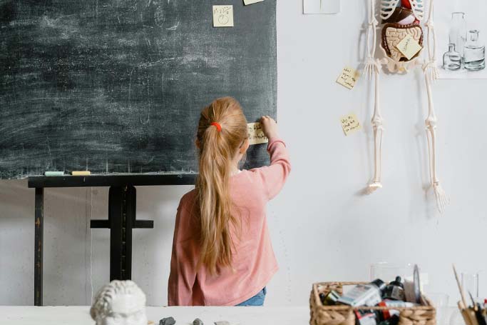 Una niña frente a la pizarra estudia una disciplina científica